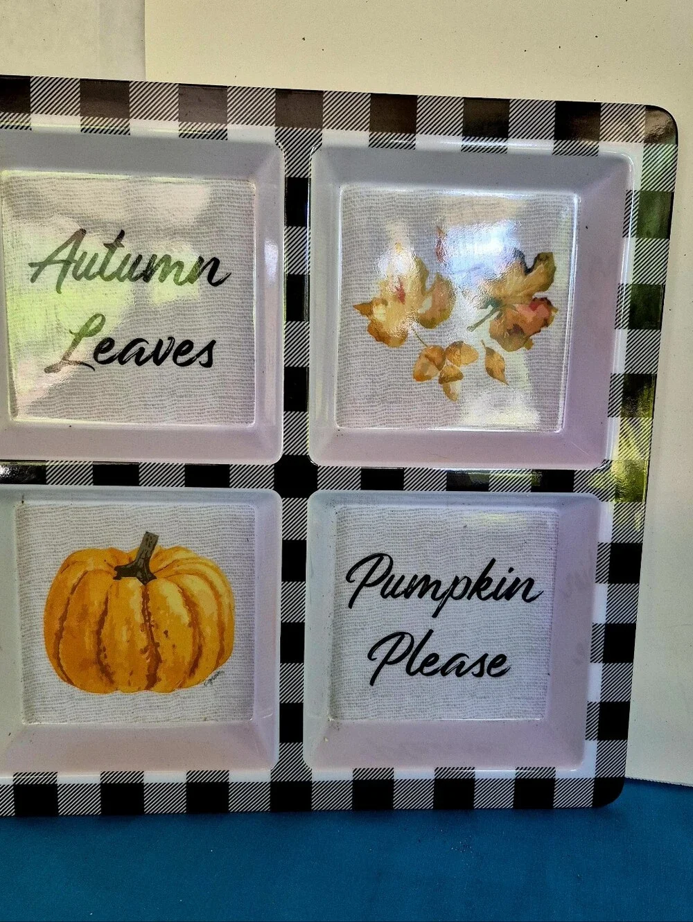 Autumn Leaves Pumpkin Please Melamine Fall Tray 4 Compartments Black White Check